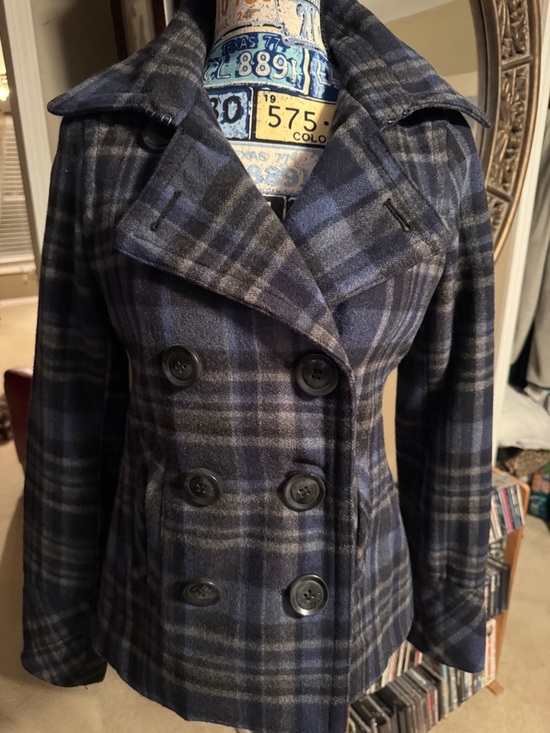 Aeropostale Jackets & Blazers - Aeropostale Blue and Black Plaid Double-Breasted Peacoat